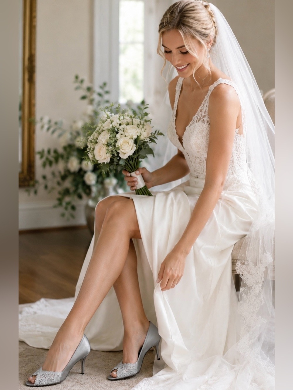 NEW Stuart Weitzman Chantelle Aluminum Lace Peep Toe Heels Pumps